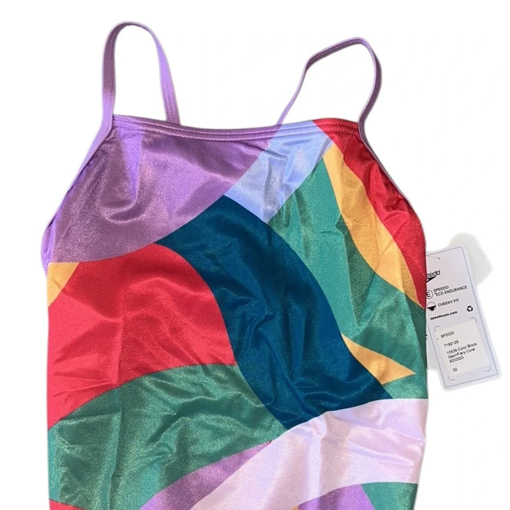 NWT Speedo Eco Endurance Cheeky T-Strap One Piece Swimsuit in Geo Colorblock - S